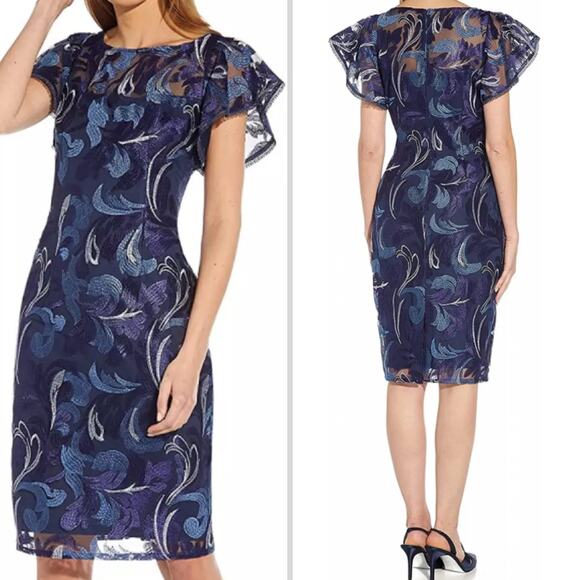 NWT ADRIANNA PAPELL DRESS BLUE SHEATH FLORAL EMBROIDERED SHORT MINI FLUTTER MESH - Picture 1 of 13